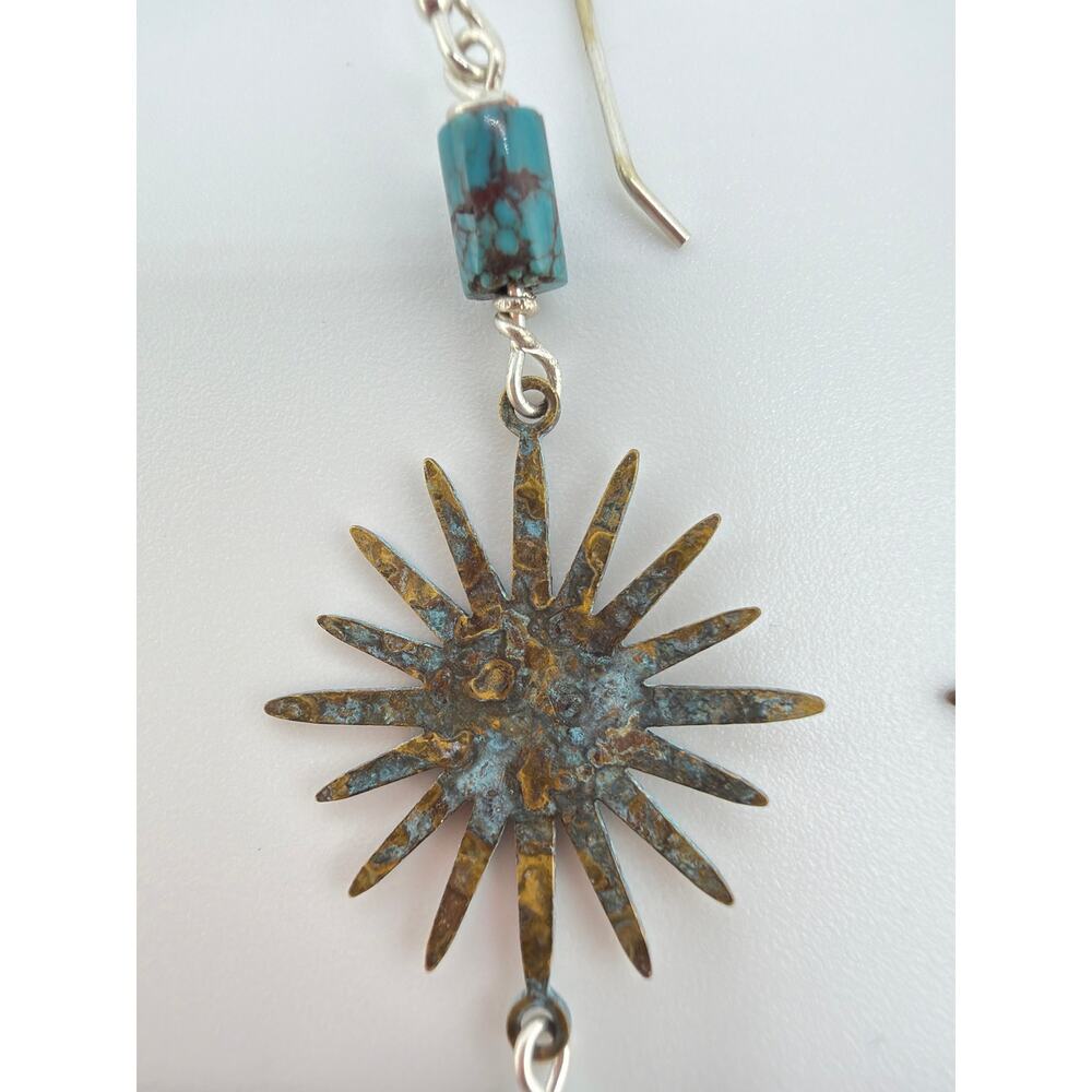 NEW Artisan Handcrafted Turquoise Sunburst Patina Metal Dangle Earrings - Picture 7 of 8